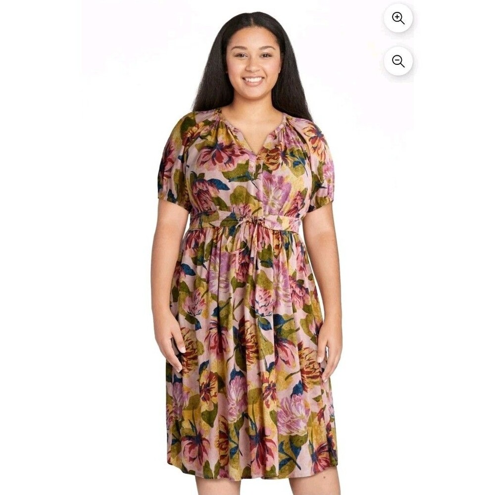 Terra & Sky Women's 1X (16W-18W) Plus Size Puff Sleeve Pearl Blush Floral Dress